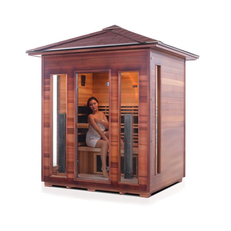 Enlighten Rustic 4 Person Infrared Sauna - Peak Roof