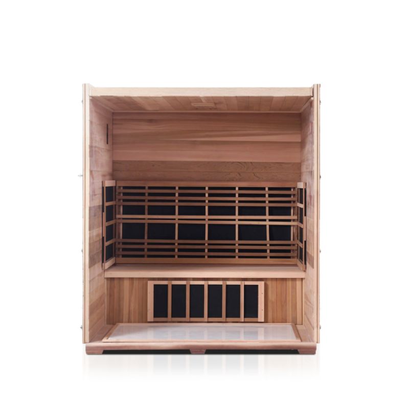 Enlighten Sierra 4 Person Infrared Sauna -Peak Roof-Interior with front removed and indoor roof in place
