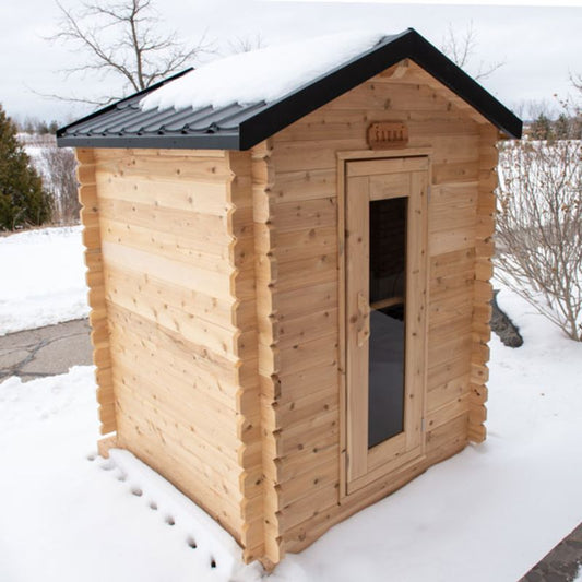 Dundalk Granby Outdoor Steam Sauna CTC66W - exterior angled with snow