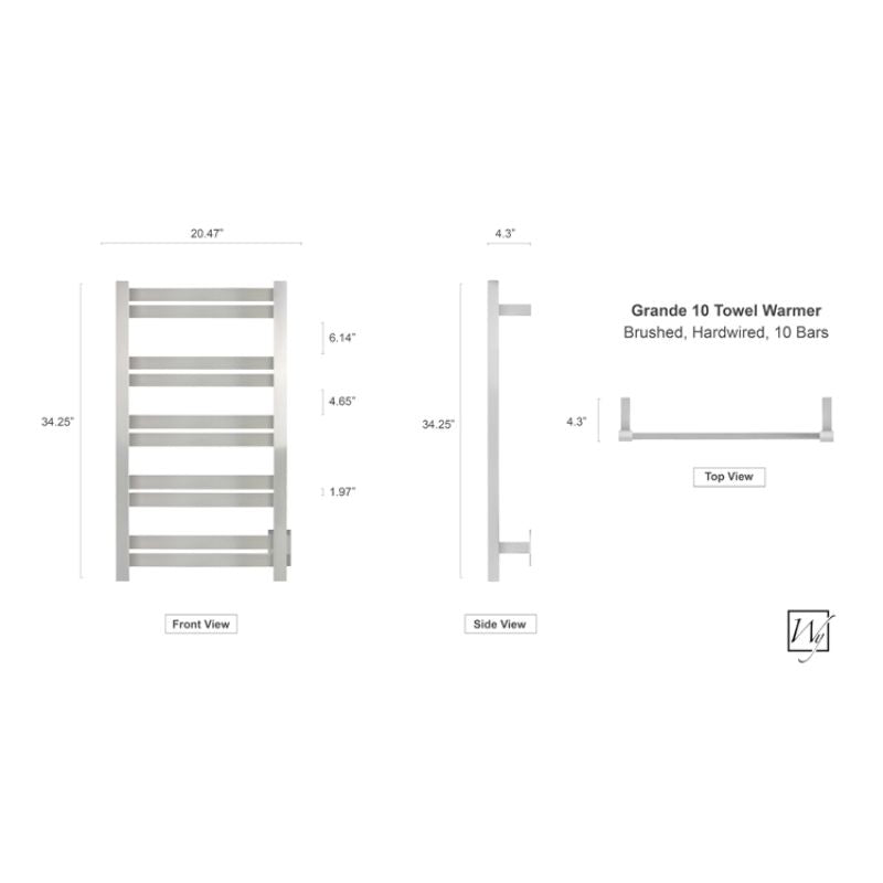 WarmlyYours Grande 10 TWS6-GRD10BH Towel Warmer - Dimensions
