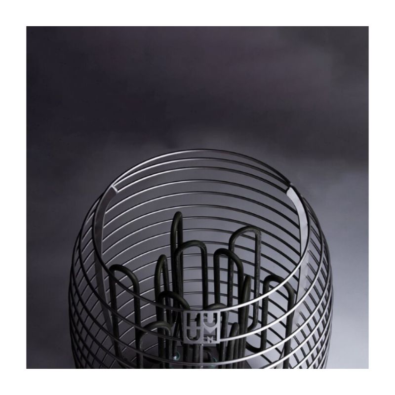 12 kW Electric Sauna Heater - angled top view of cage without rocks. Heating elements in view.