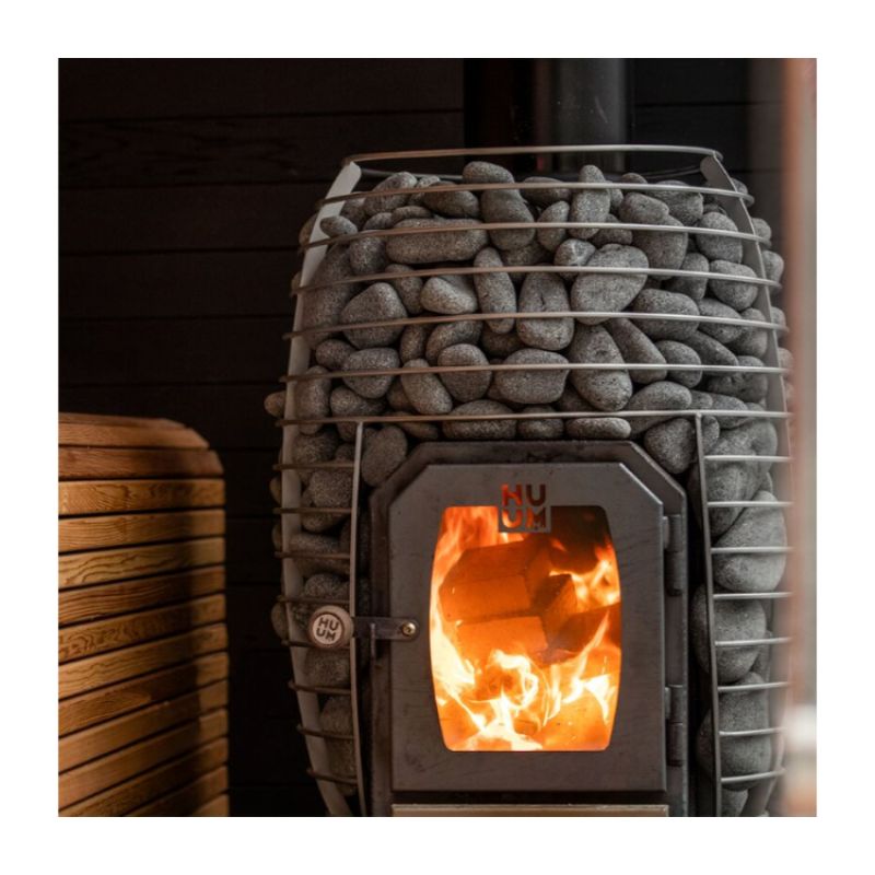 HUUM HIVEWOOD-17 Wood Sauna Stove - close up with fire in stove
