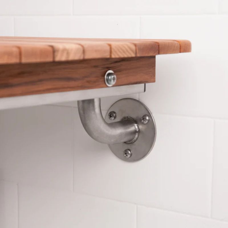 L-shaped Teak Shower Seat - ADA Compliant - close up of installation bracket