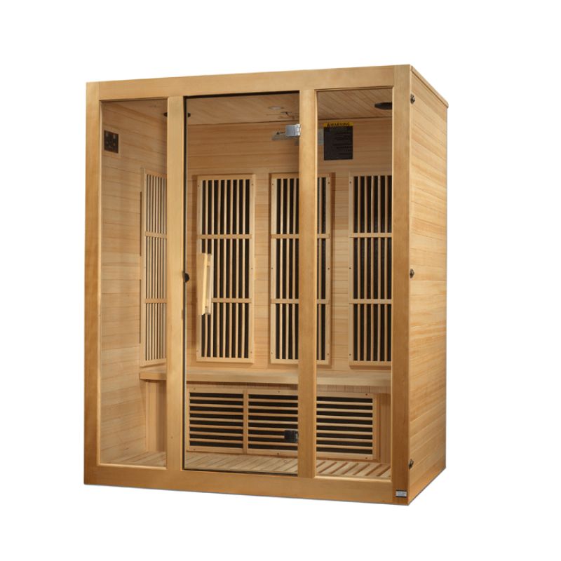 Maxxus Home Sauna, the Bellevue MX-J306-01 - full angled front view, no background. Showing the heat emitters on the back wall and the lower bench through the tempered glass walls and door.