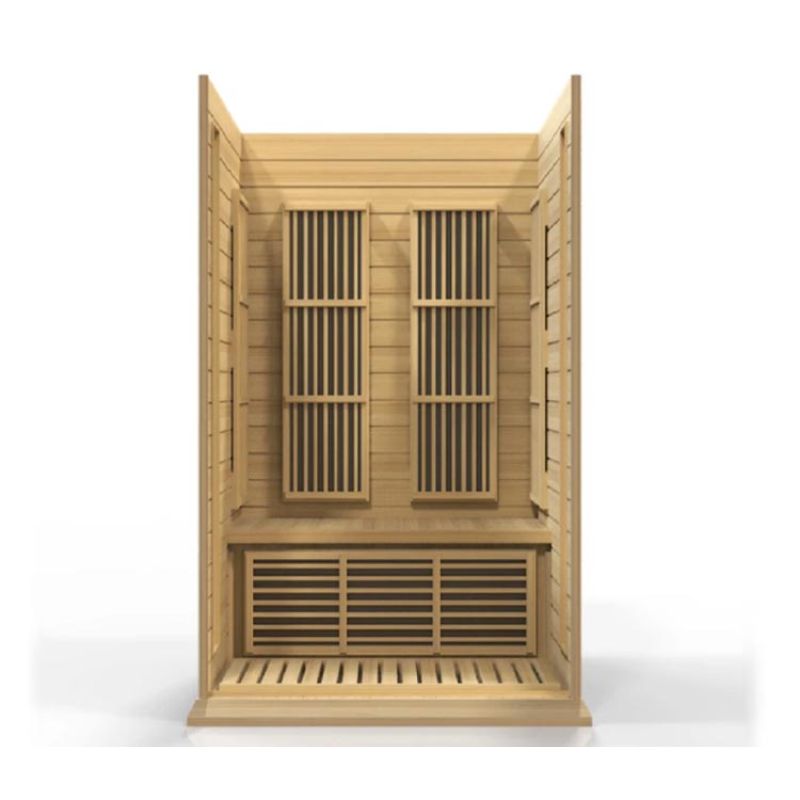 Maxxus MX-K206-01 Far Infrared Sauna  - roof and wall cut away showing the bench along the back wall and the heat emitters on the back and side walls, and on the lower bench.