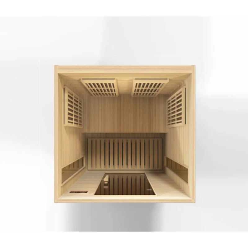 Maxxus MX-K206-01 Far Infrared Sauna - roof cut away, top down view, showing the bench along the back wall (top of photo) and the heat emitters on the walls. Also showing the slat floor and the tempered glass door at the bottom of the photo.