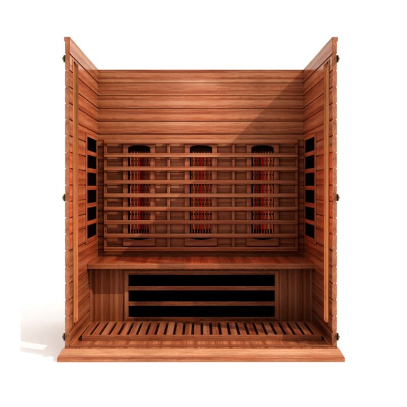 Maxxus MX-M306-01 FS CED Full Spectrum Indoor Infrared Sauna - interior cut away, showing the heat emitters on the wall & lower bench