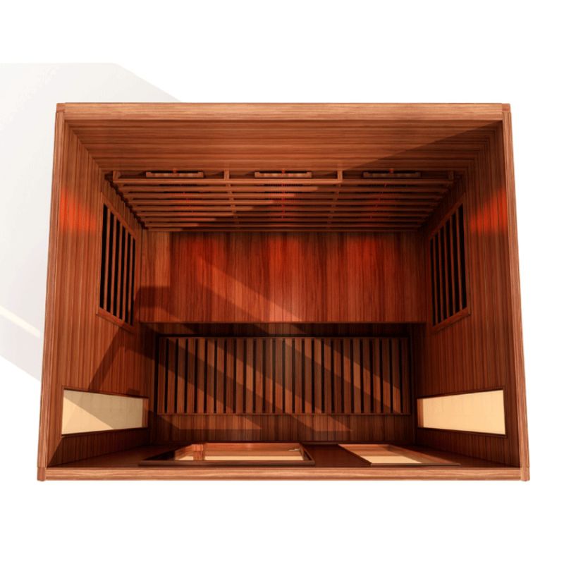Maxxus MX-M306-01 FS CED Full Spectrum Indoor Infrared Sauna - top view cutaway showing the bench configuration, tempered glass windows on side walls