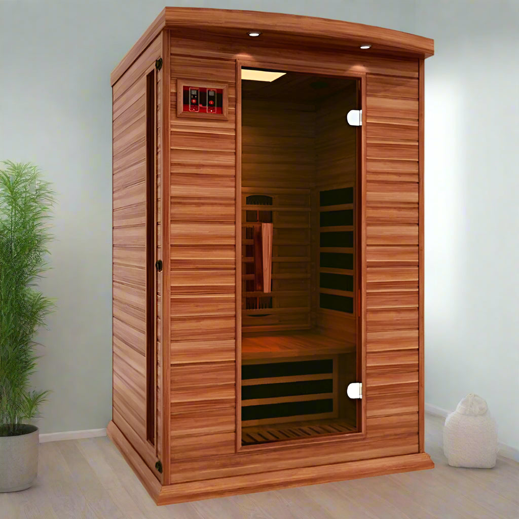Maxxus Indoor Infrared Sauna MX-M206-01 FS CED Full Spectrum, Cedar  - full view. Plant beside it on the left.