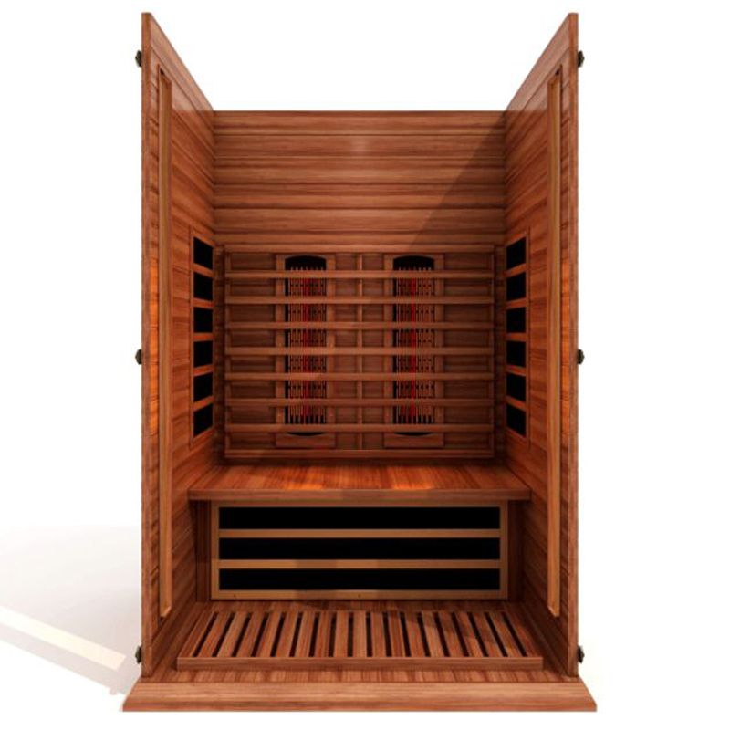 Maxxus Indoor Infrared Sauna MX-M206-01 FS CED Full Spectrum, Cedar - interior cut away showing the bench along the back and the heat emitter configuration on the rear and side walls, as well as the lower bench.
