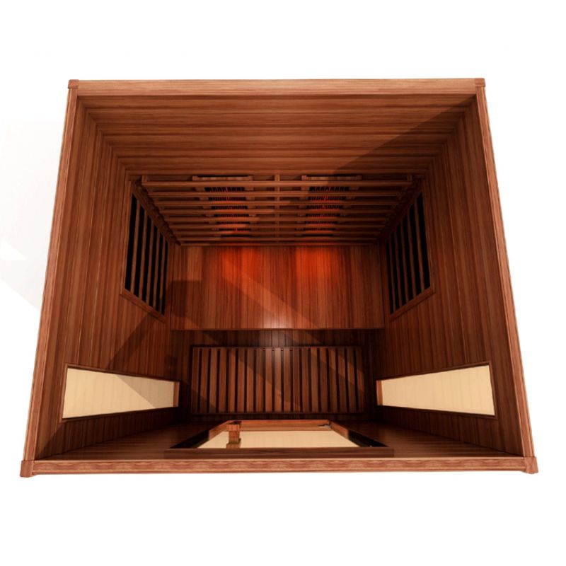 Maxxus Indoor Infrared Sauna MX-M206-01 FS CED Full Spectrum, Cedar  - roof cut away with top down view showing the bench along the back and tempered glass windows on both side walls. Tempered glass door at the bottom of the image.