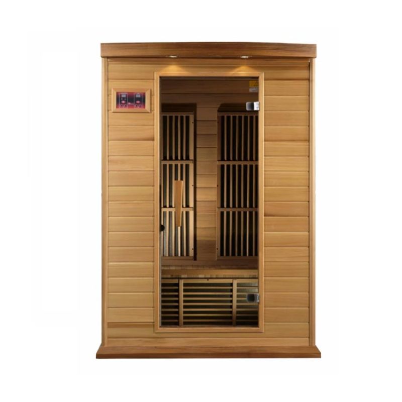 Maxxus Cedar Infrared Sauna MX-K206-01 - full direct front view. No background. Door closed and the control panel to the upper left of the door.