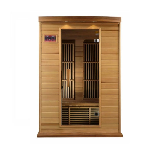 Maxxus Cedar Infrared Sauna MX-K206-01 - full direct front view. No background. Door closed and the control panel to the upper left of the door.