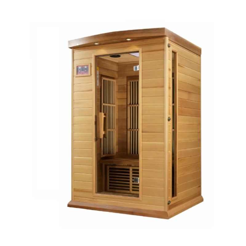 Maxxus Cedar Infrared Sauna MX-K206-01 - full front angled view, showing the tempered glass wall on the side. No background.