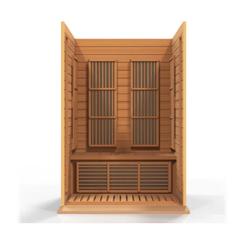 Maxxus Cedar Infrared Sauna MX-K206-01 - wall and roof cut away, showing the bench along the back wall and the heat emitters on the back and side walls.