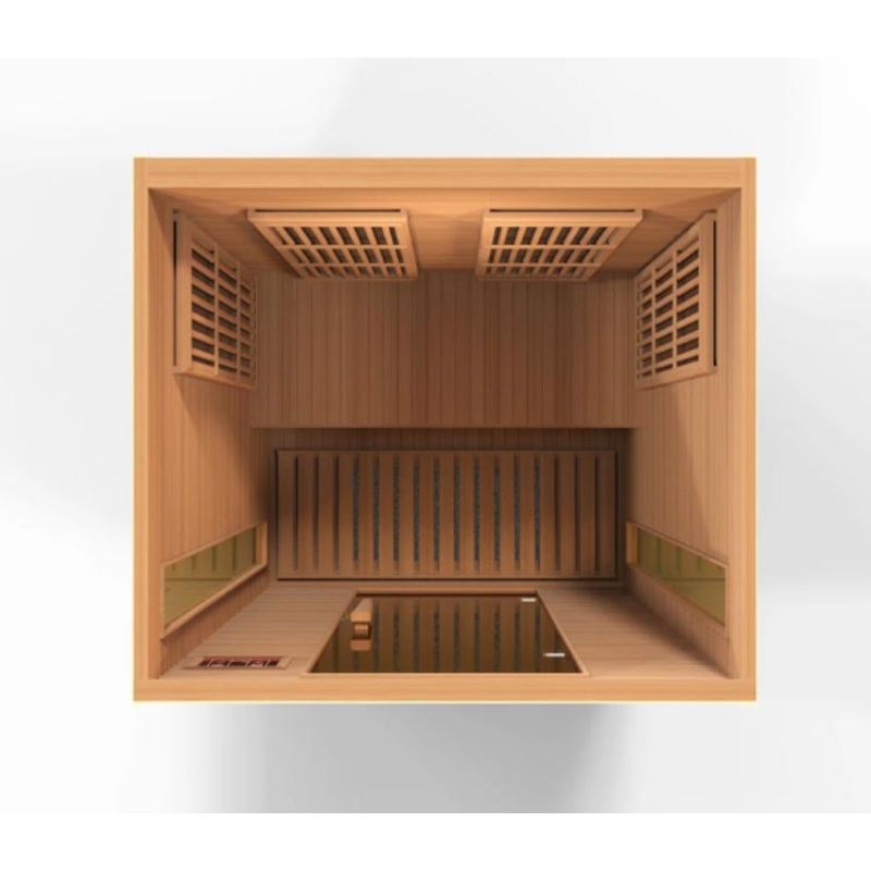 Maxxus Cedar Infrared Sauna MX-K206-01 - roof cut away, top down view, showing the bench along the back wall, the heat emitters, 2 on the back wall and 1 each on the side walls. Tempered glass door on the bottom of the image.