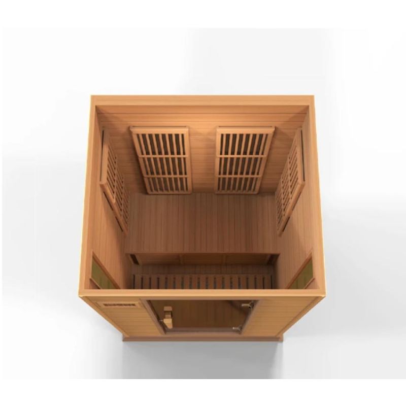 Maxxus Cedar Infrared Sauna MX-K206-01 - roof cut away, angled showing the front a bit. You see the tempered glass door at the bottom of the image and 2 heat emitters on the back wall. it also shows both tempered glass windows on the two side walls.