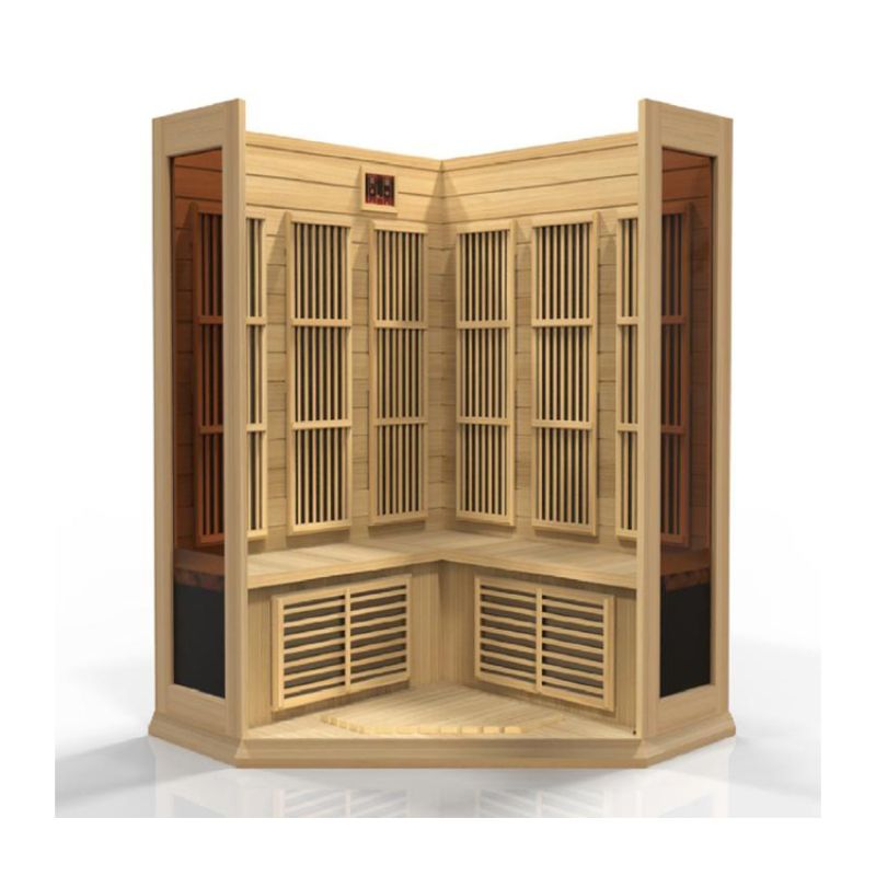 Maxxus MX-K356-01 ZF Corner Infrared Sauna - door cut away showing the benches and infrared heat emitters