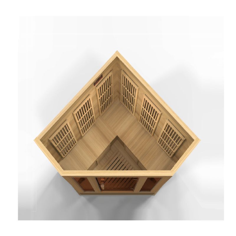 Maxxus MX-K356-01 ZF Corner Infrared Sauna - cut away top down view. Showing bench configuration and heat emitters.