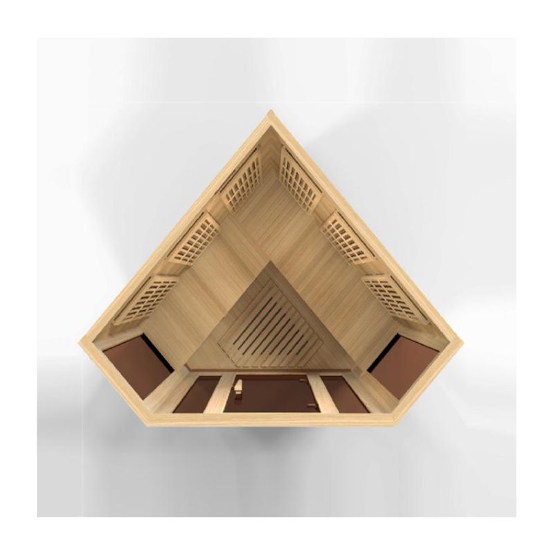 Maxxus MX-K356-01 ZF Corner Infrared Sauna - another roof cutaway top down view showing the bench configuration and the angled wall with tempered glass door