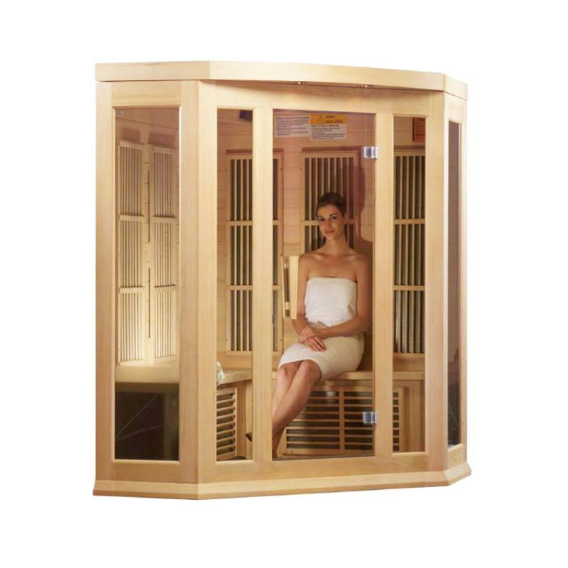 Maxxus MX-K356-01 ZF Corner Infrared Sauna - a lady enjoying the sauna, wrapped in a towel. No background.