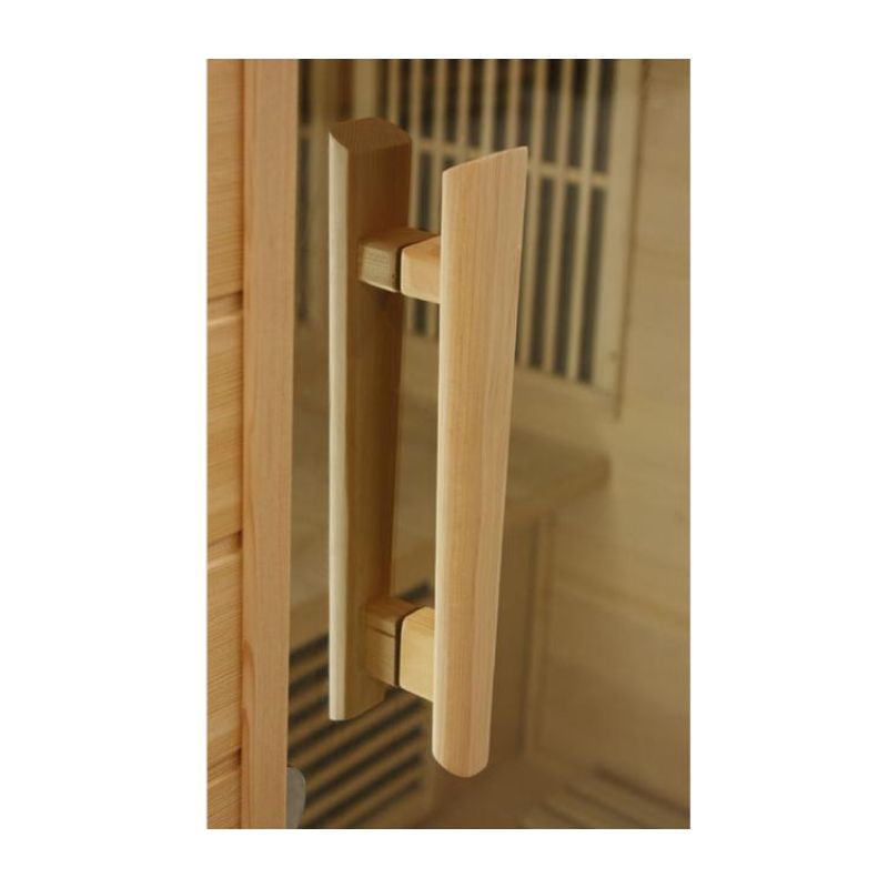 Maxxus MX-K356-01 ZF Corner Infrared Sauna - close up view of the door handle craftsmanship
