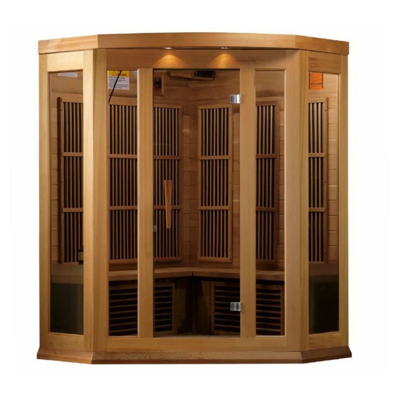 Maxxus MX-K356-01 ZF Corner Infrared Sauna - full direct view with door closed showing the heat emitters, bench placement and exterior lights illuminated