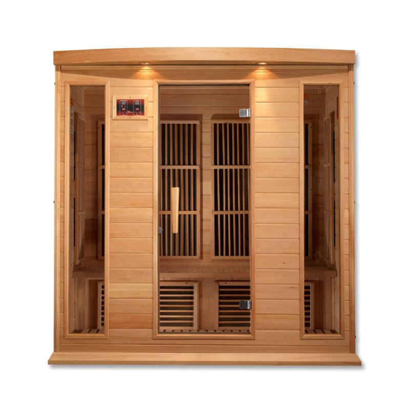 Maxxus MX-K406-01 Indoor FAR Infrared Sauna - full direct front view, no background. Tempered glass windows on either side of the tempered glass door.