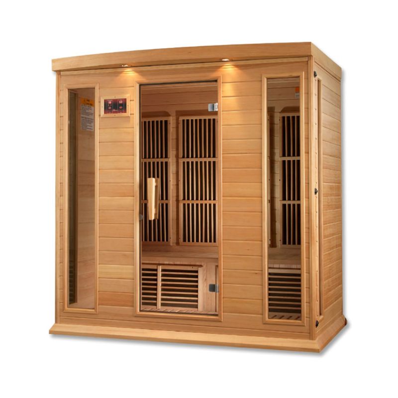 Maxxus MX-K406-01 Indoor FAR Infrared Sauna - full front angled view with no background. Showing the heat emitters along the back wall and the tempered glass windows on either side of the tempered glass door and also slightly showing the tempered glass windows on the two side walls.