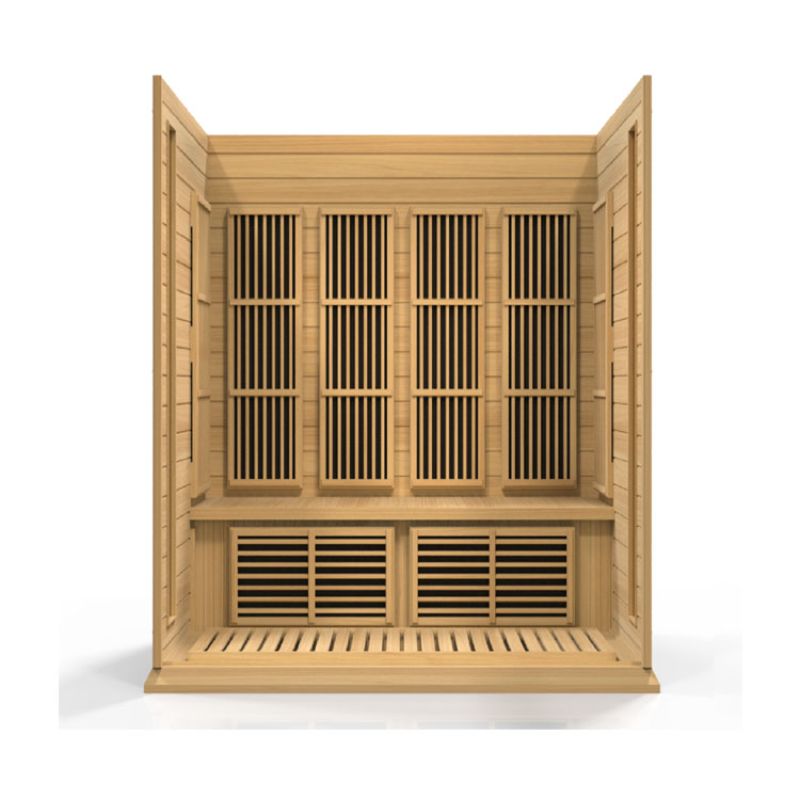 Maxxus MX-K406-01 Indoor FAR Infrared Sauna - roof and front wall cut away showing the bench along the back wall, the 4 heat emitters on the back wall and two heat emitters on the lower bench for the legs.
