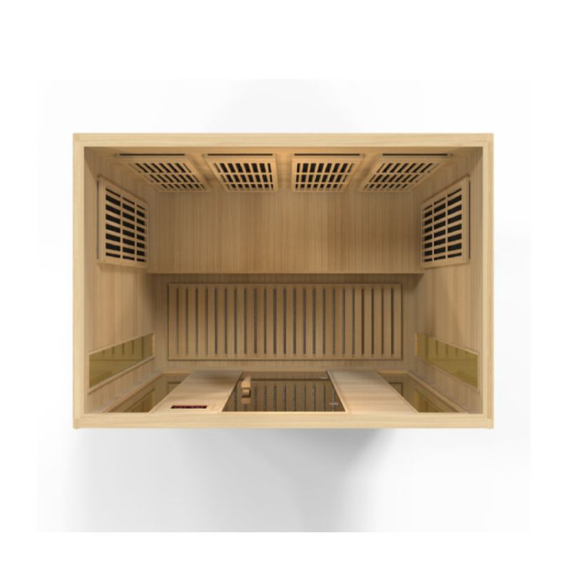 Maxxus MX-K406-01 Indoor FAR Infrared Sauna - roof cut away top down view showing the bench along the back wall (top of photo) and the heat emitters on the back wall and side walls. Showing the tempered glass door and the tempered glass windows on both sides of the door and also on the side walls.