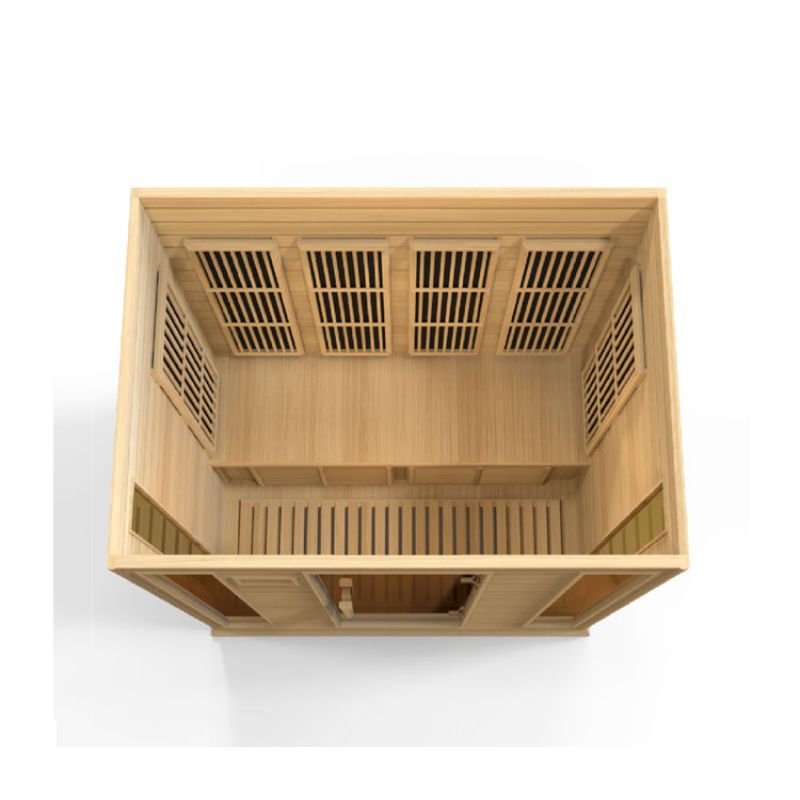 Maxxus MX-K406-01 Indoor FAR Infrared Sauna - roof cut away, top down view, showing the interior bench and heat emitters installed along the back wall and the side walls. Also showing a little of the tempered glass windows on either side of the tempered glass sauna door.