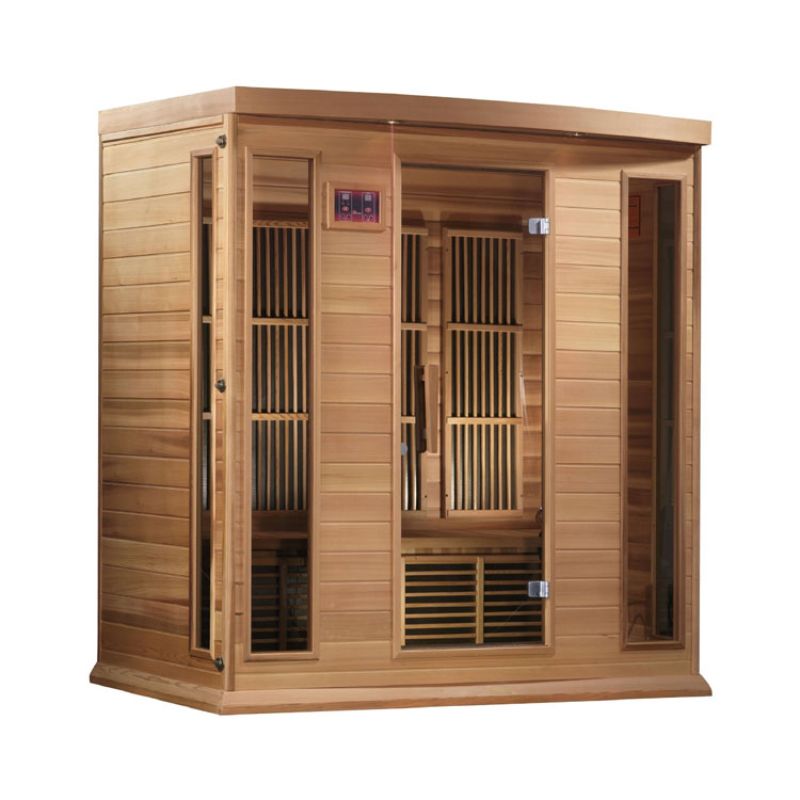 Maxxus MX-K406-01 Indoor FAR Infrared Sauna - full front angled view. No background. Good view of the tempered glass side wall window and the tempered glass windows and door on the front wall.