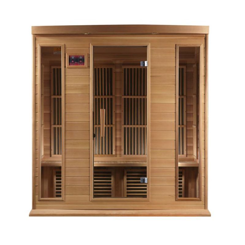 Maxxus MX-K406-01 Indoor FAR Infrared Sauna - direct front view of the full sauna, no background. Control panel on the exterior front wall to the top left of the tempered glass door.