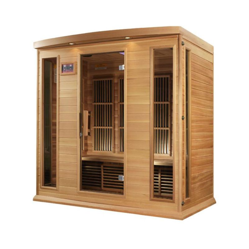 Maxxus MX-K406-01 Indoor FAR Infrared Sauna - full front angled view of the sauna showing the other side wall with the tempered glass window. Door hinges on the right.