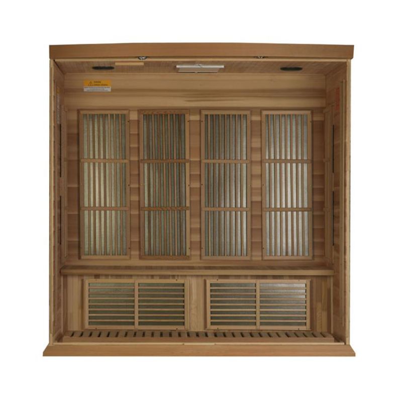 Maxxus MX-K406-01 Indoor FAR Infrared Sauna - full direct front view with front wall cut away. Showing the heat emitters along the back wall and on the lower bench for the legs.