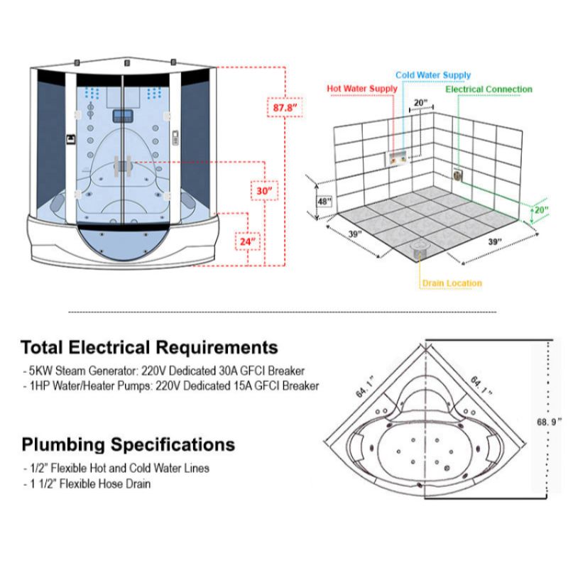 Maya Bath Platinum Superior Steam Shower & Tub Combo - specs