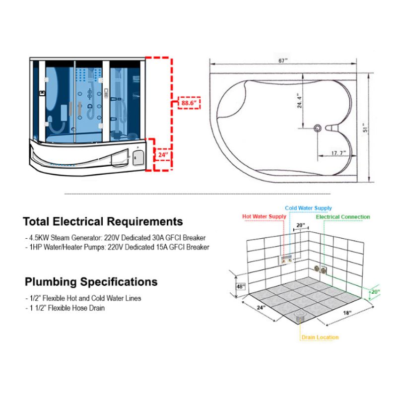 Maya Bath Platinum Siena Steam Shower & Tub Combo 4 kW - specs