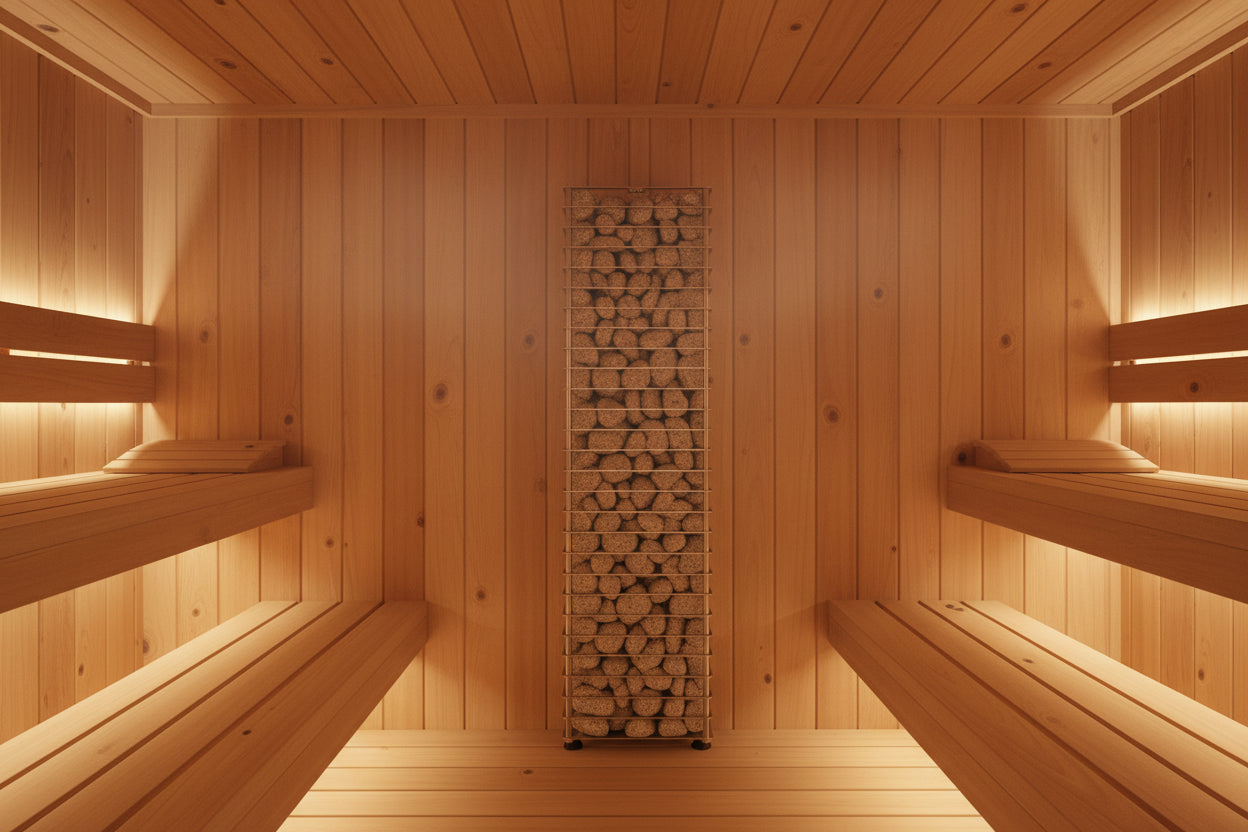 CLIFF Mini Series 3.5 kW Sauna Heater | HUUM - full angle view with rocks