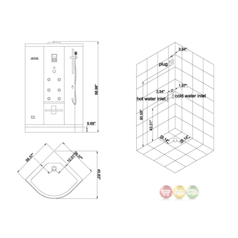 Ariel Platinum DZ963F8 - 39 x 39 Corner 6 kW Walk-in Luxury Corner Steam Shower - specs