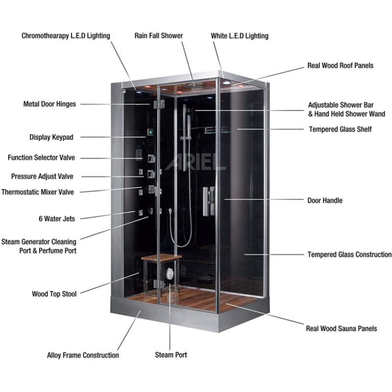 Ariel Platinum DZ959F8 - 47x 35 6 kW Steam Shower - features diagram