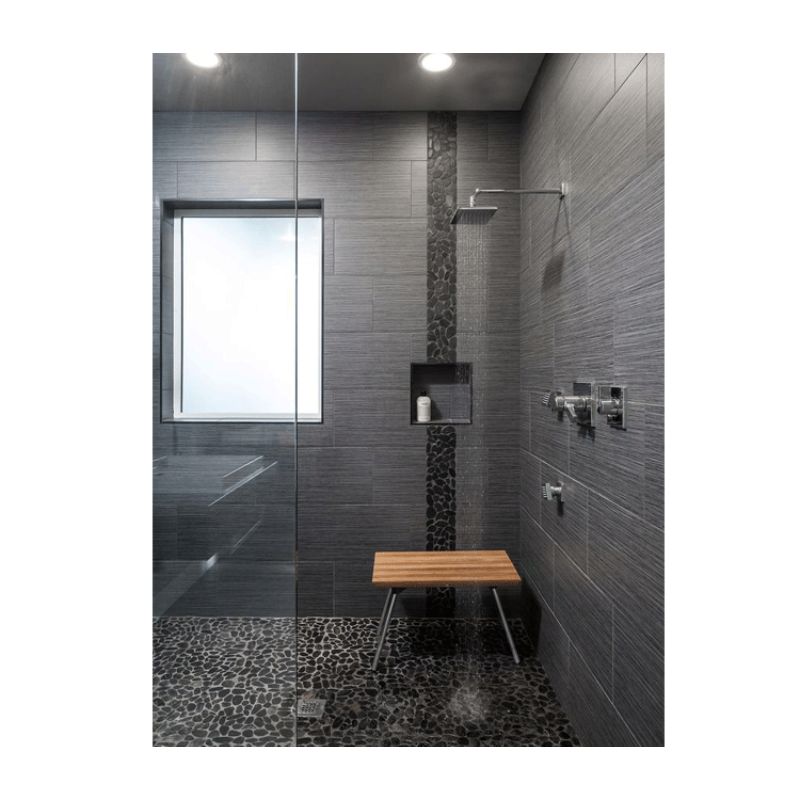 Teak Shower Bench with Foldable Legs - in use in a shower