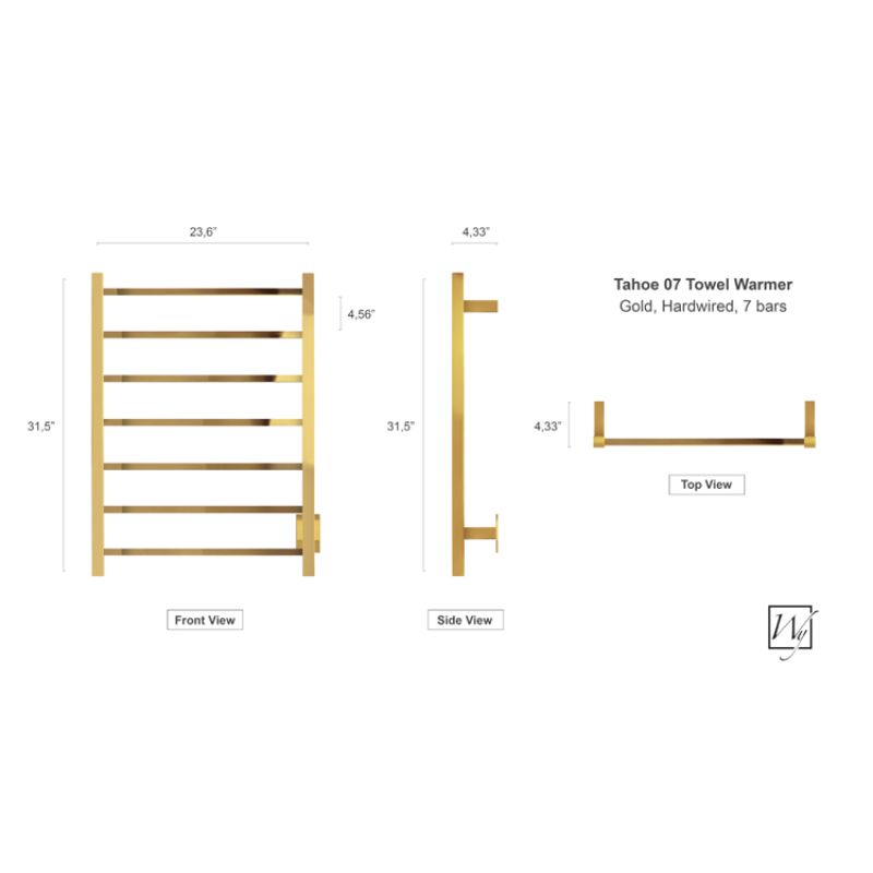 Tahoe 7 Bar Towel Warmer - gold finish, dimensions