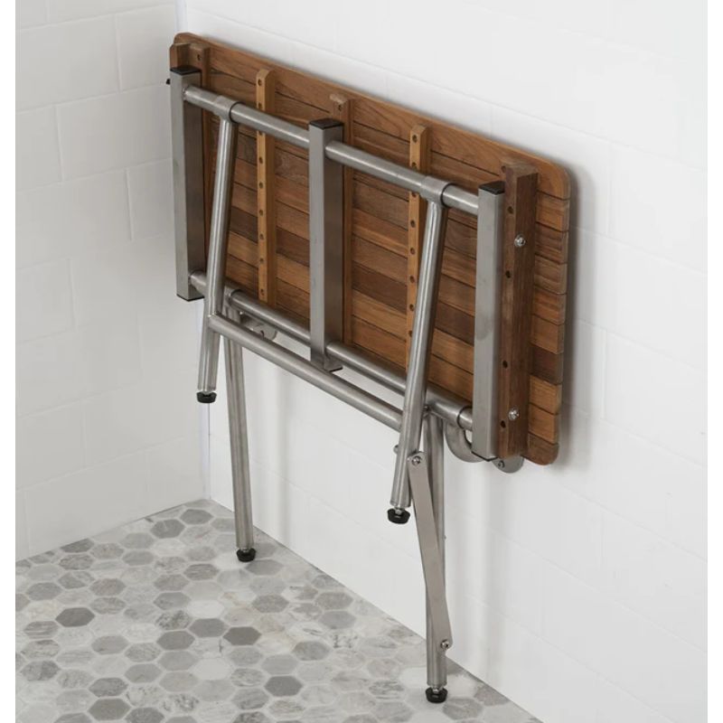 Teak ADA Shower Seat with Drop Down Legs - folded up