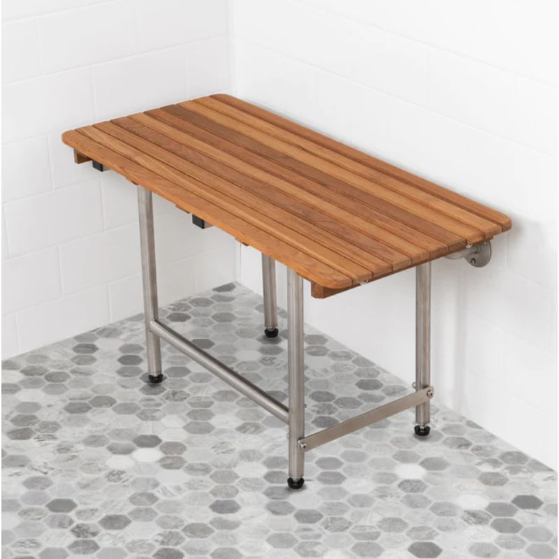 Teak ADA Shower Seat with Drop Down Legs - full view