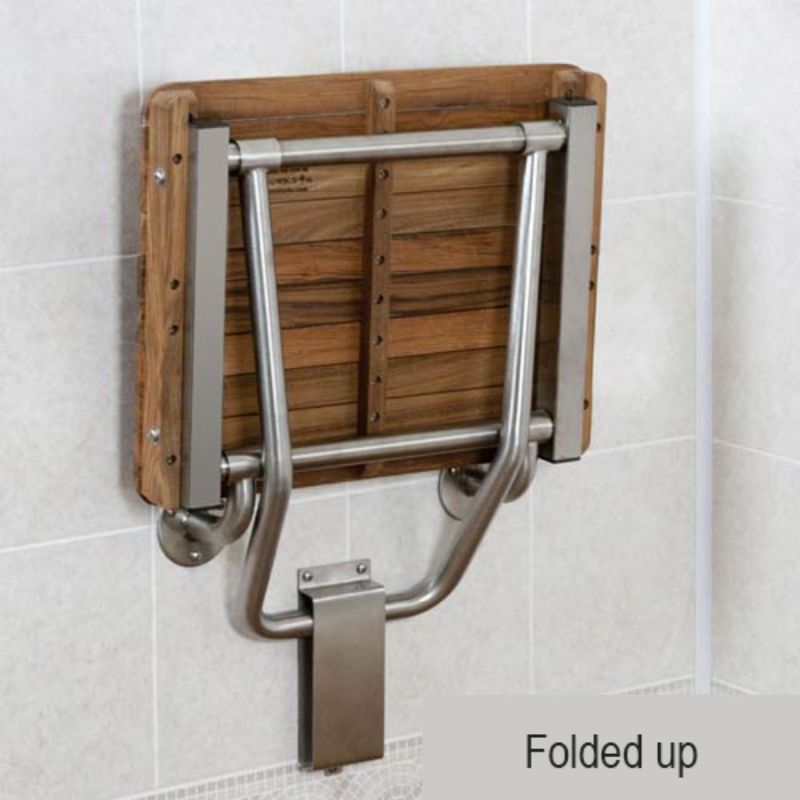 ADA Compliant Teak Shower Seat - Wall Mount - folded up