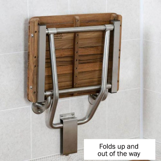 Teak Wall Mount Shower Seat - ADA Compliant-folded up
