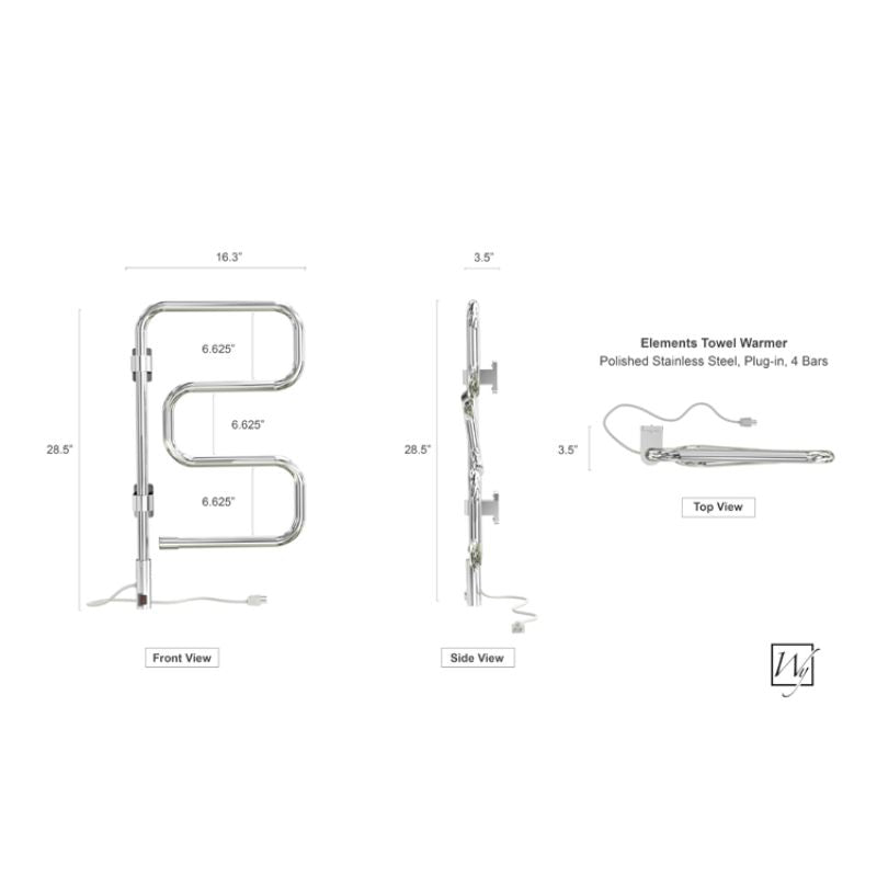 WarmlyYours TW-E4PCP Elements Towel Warmer - dimensions