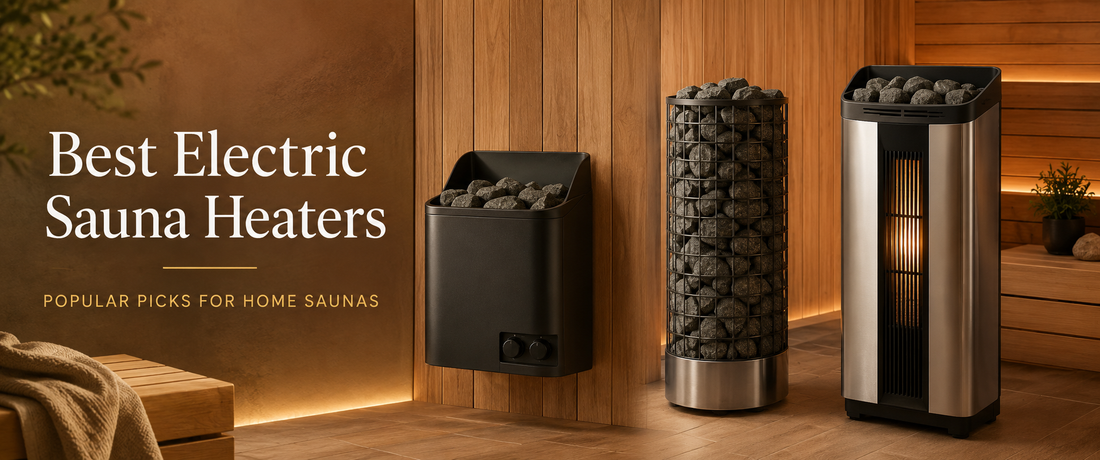 3 electric sauna heater styles in a row against wood panel walls. The blog title in white in the image on the left. Best Electric Sauna Heaters for Home Saunas