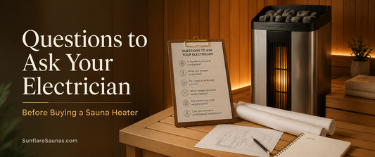 Image of a clipboard with questions in front of a sauna heater. Blog title in white on the left of the image. Questions to Ask Your Electrician Before Buying a Sauna Heater